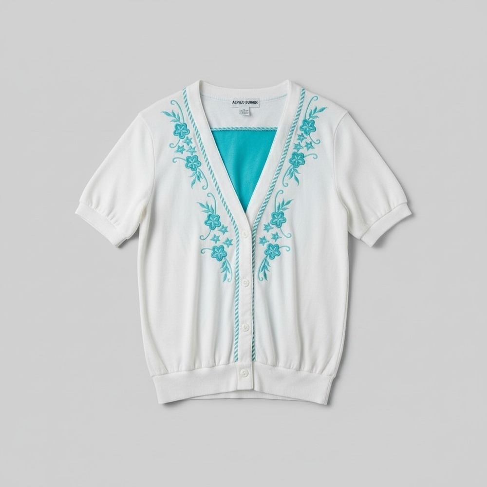Alfred Dunner White Turquoise Floral Embroidered Short Sleeve Cardigan Small